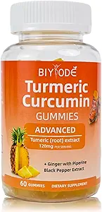 Curcumin Gummies Turmeric Supplement for Joint Support Natural Pineapple Flavor Sugar Free Digestion Cognitive Function and Immune Health for Enhanced Athletic Performance, 60 Count Gummies