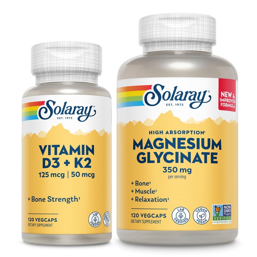 SOLARAY Vitamin D3 K2 and Magnesium Glycinate - Bone Health Bundle - Calcium Absorption, Nerve, Heart and Immune Support w/ 5000 IU Vitamin D, 350mg Chelated Magnesium, 60-Day Guarantee, 120ct/120ct