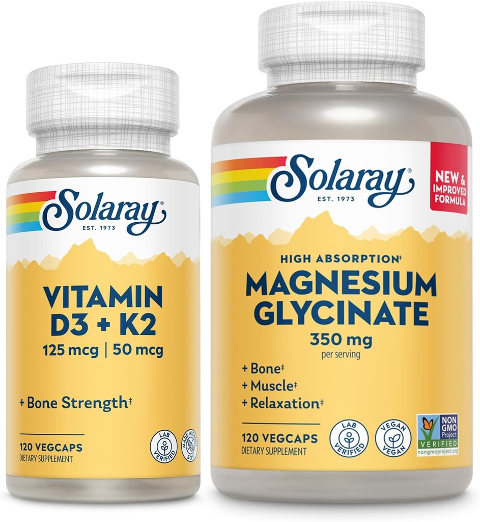 SOLARAY Vitamin D3 K2 ve Glycinate - Bone Health Sche -dis Abors, Nerve, Heart ve Immune Support w / 5000 IU Vitamin D, 350 mg Chelated Magnezyum, 60-Day Garanti, 120ct/120ct