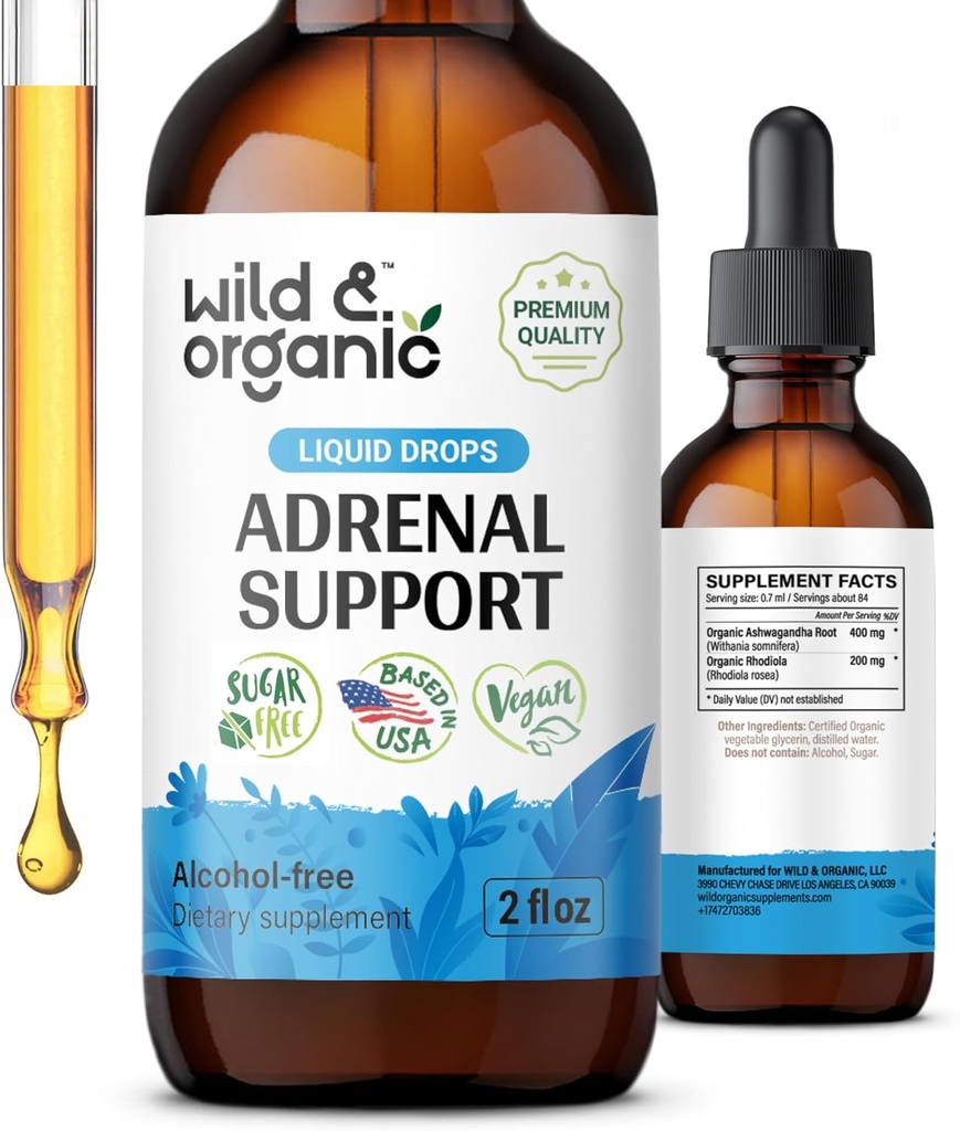 Wild & Organic Adrenal Support Tincture for Pozitif Bakış - Ashwagandha ile Adrenal Kompleksi, Rhodiola Rosea Root - 1-Month Supply - Vegan, No Sugar & Alkol - 2 f ozzz