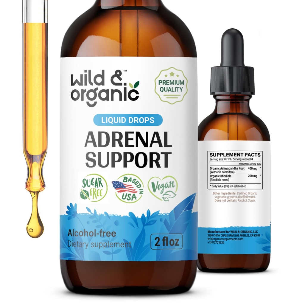Wild & Organic Adrenal Support Tincture for Pozitif Bakış - Ashwagandha ile Adrenal Kompleksi, Rhodiola Rosea Root - 1-Month Supply - Vegan, No Sugar & Alkol - 2 f ozzz