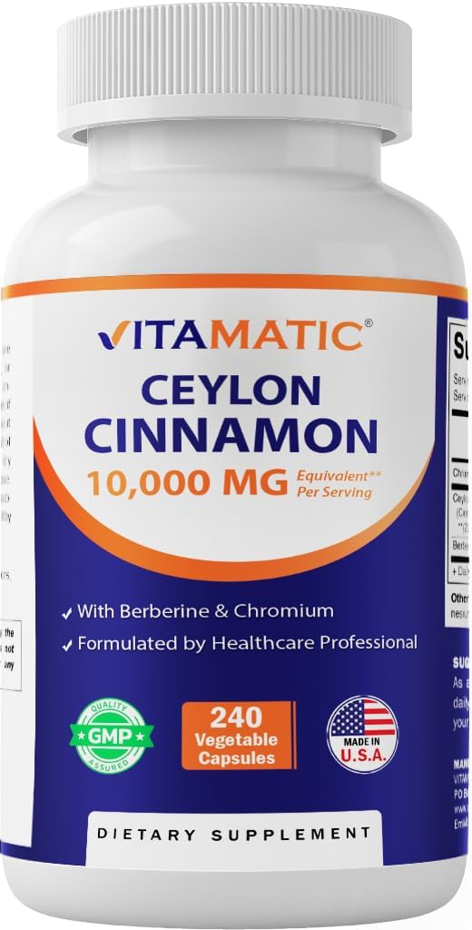 Vitamatic Ceylon Cinnamon 10000 mg Equivalent Per Service (20:1 Ekstraktör 500 mg) Berberine & Kromium - 240 Sebze Capsules - Non-GMO & Gluten Free