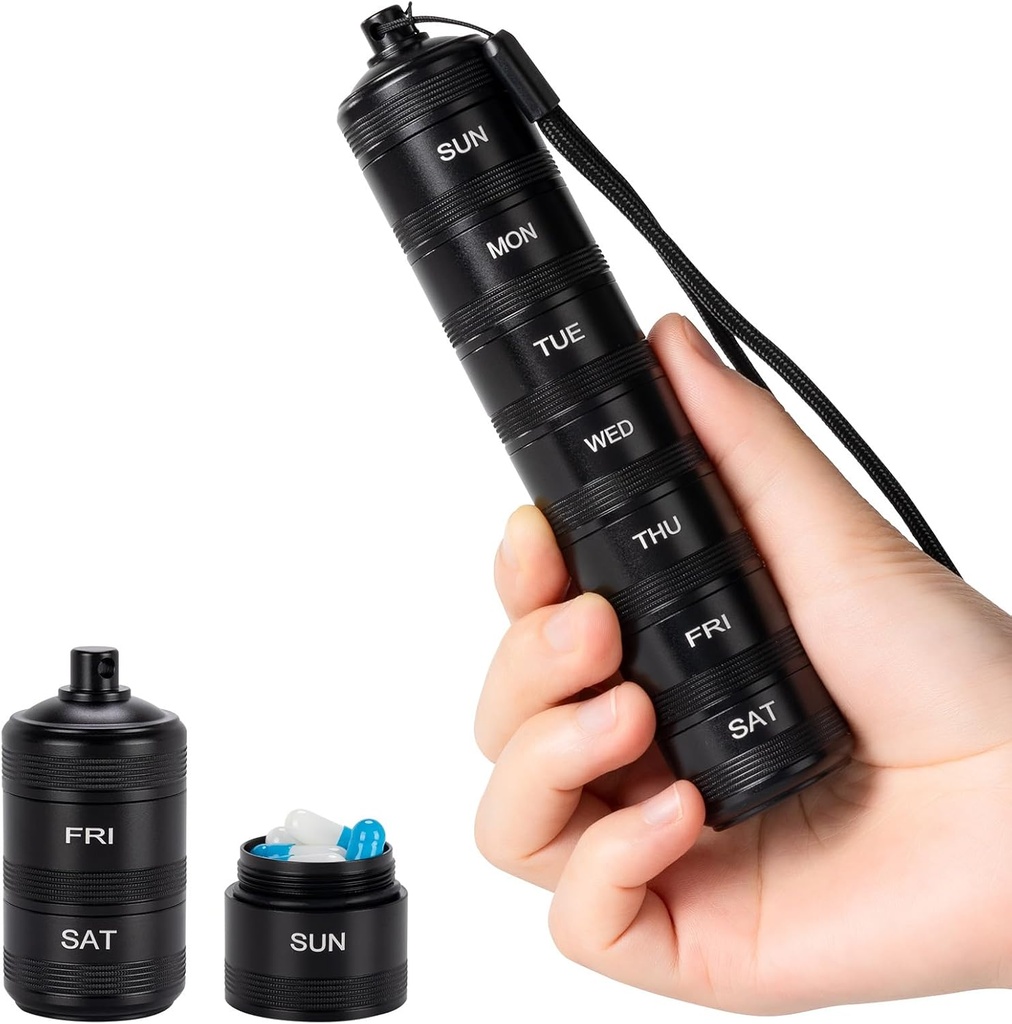 Portre Metal Weekly Pill Organizer - Sular Pill Box, Small Compact Travel Week Alüminyum Alloy Konteyner, 7 Günlük Tıp Küçük Piller için Organize Kazananlar, Black S