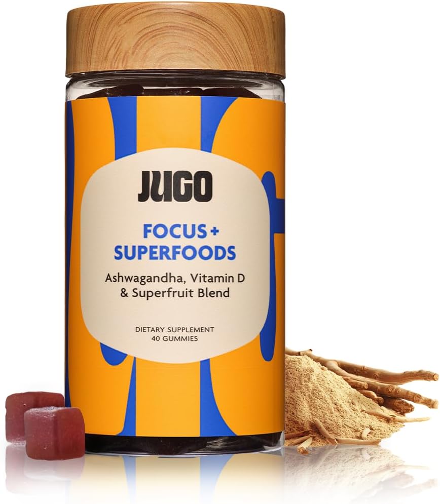 JUGO Focus + SFOODS | Ashwagandha Gummies with Vitamin D3 & Superaving | 40 Kont Plant - Temel Adaptogen Gummies | Gelatin-Free, Non-GMO, Made in USA