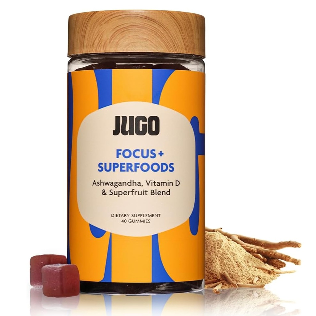 JUGO Focus + SFOODS | Ashwagandha Gummies with Vitamin D3 & Superaving | 40 Kont Plant - Temel Adaptogen Gummies | Gelatin-Free, Non-GMO, Made in USA