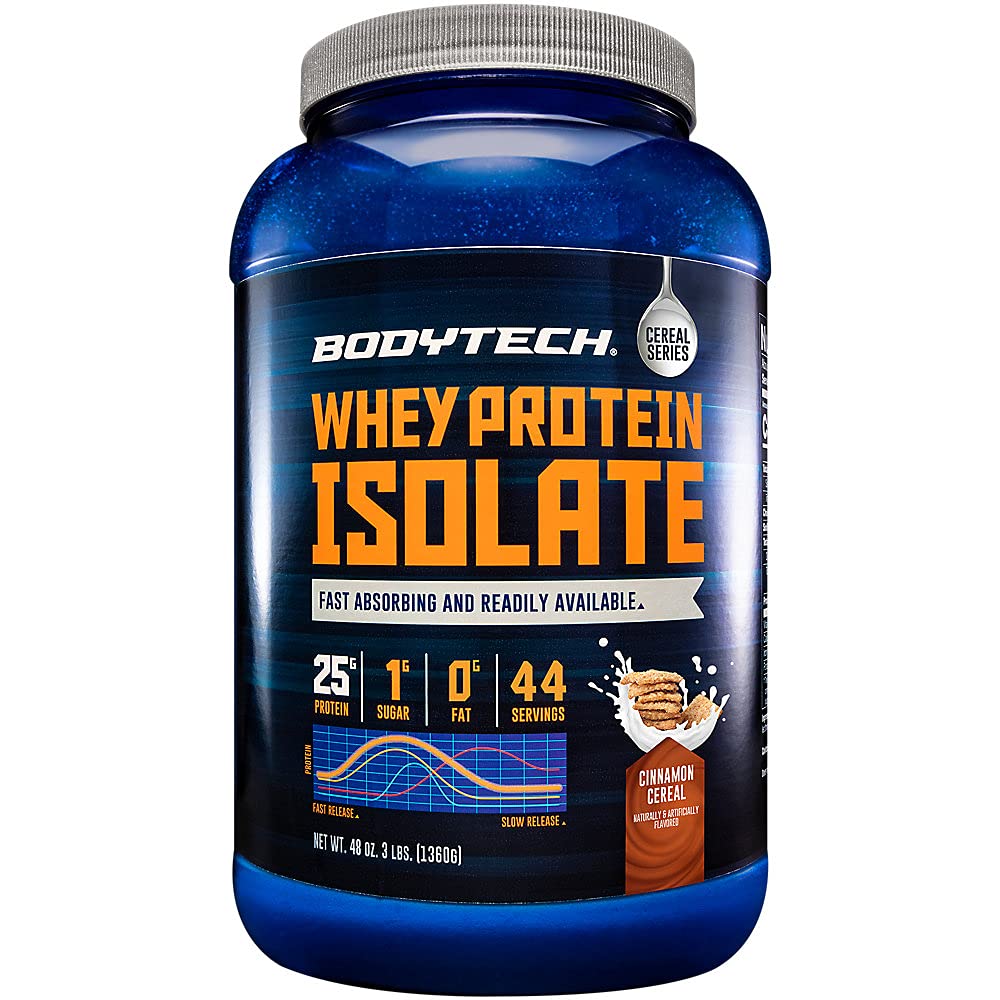 BodyTech Whey Protein Isolate Powder, Cinnamon Cereal Flavor, 25g Protein per Serving, High Concentrated Protein Powder with Amino Acids & BCAAs for Men and Women, Gluten Free, 3 lbs, 47 Servings