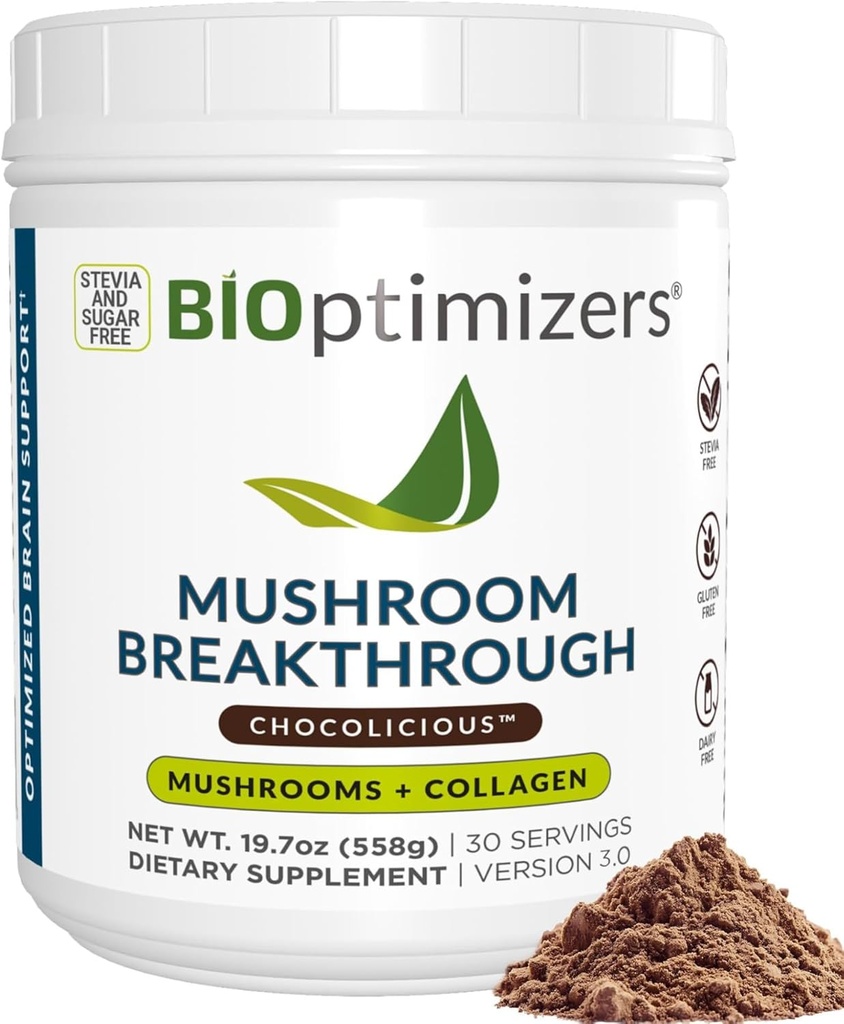 BIOptimizers Mushroom Coffee Alternative – Chocolate Drink – Lion's Mane, Chaga, Reishi + Collagen Peptides for Focus, Energy & Gut Health – Adaptojenik Mushrooms & MCT Toz – 30 Hizmet