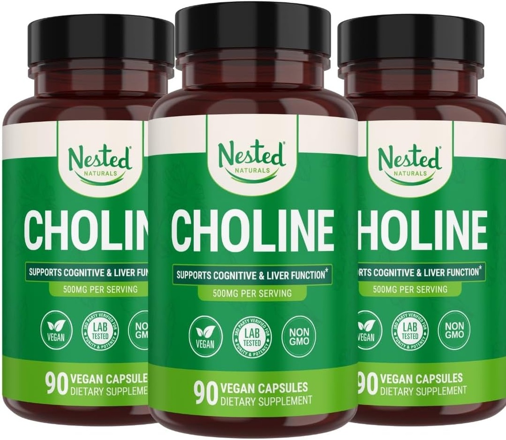 Nested Naturals Choline Bitartrate 500 mg | High Potency Choline Supplements | Supports Cognitive Performance & Liver Function | 100% Vegan & Non-GMO | (3-Pack)