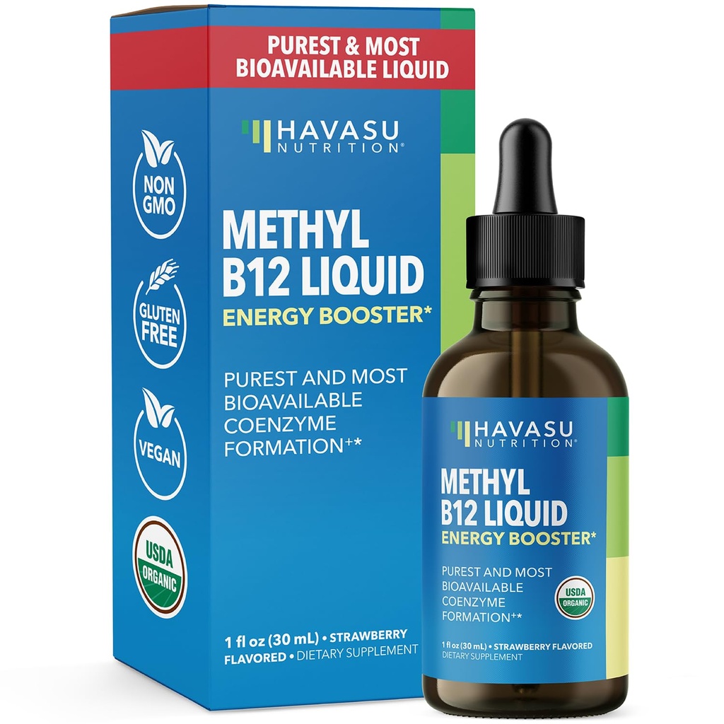 USDA Organik Vitamin B12 Liquid Drops - Gelişen Enerji ve Nervous Sistem Desteği - 30 Hizmet - Aborpsiyon için Yüksek Biyo kullanılabilir - Non-GMO, Vegan, Strawberry Flavor, 1 Fl Oz