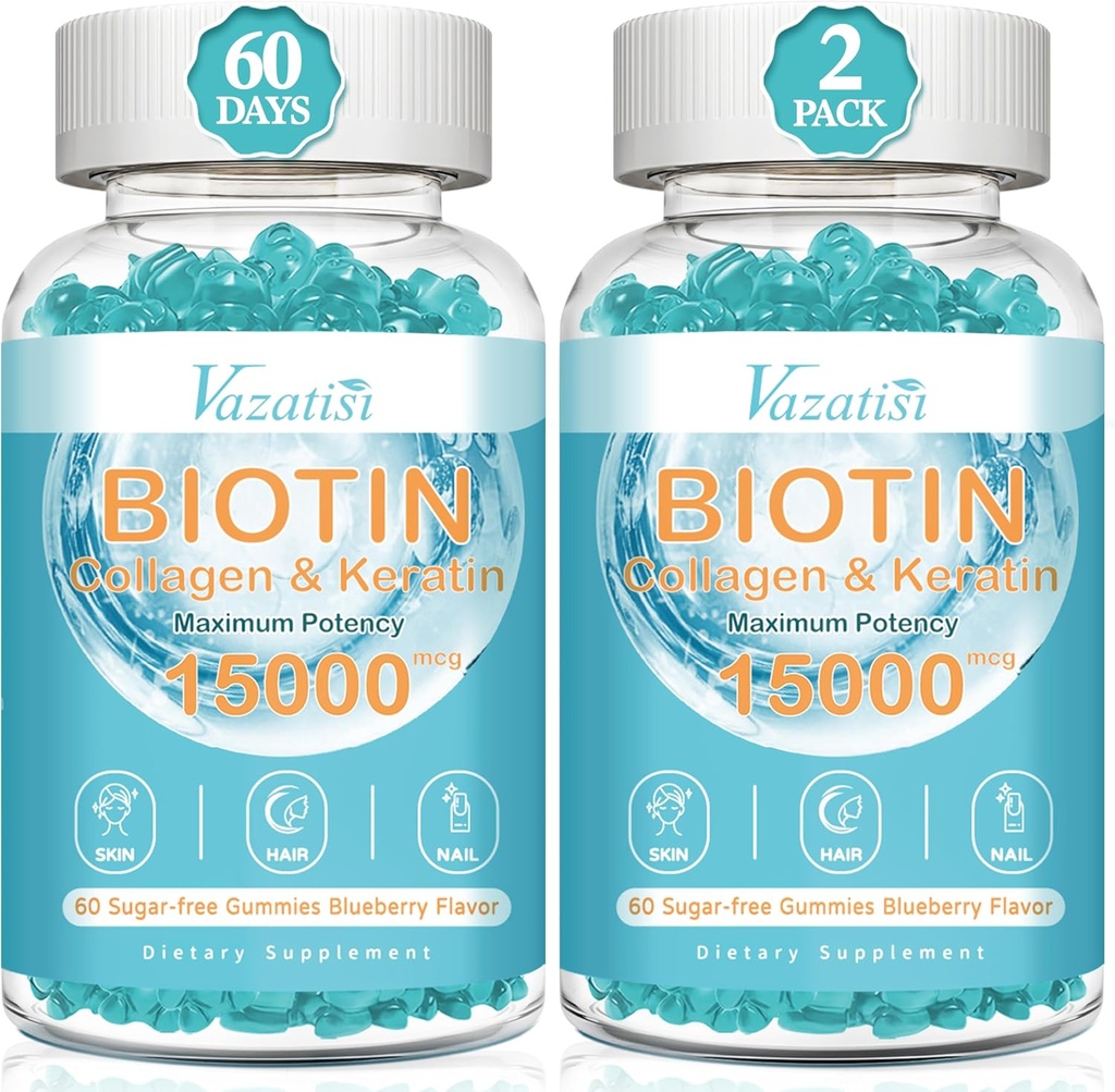 B12, Hair Skin ve Nails Vitaminleri Saç Büyüme, Glowing Skin & Güçlü Çiçeği - Blueberry Flavor, Sugar Free, 120 Ct