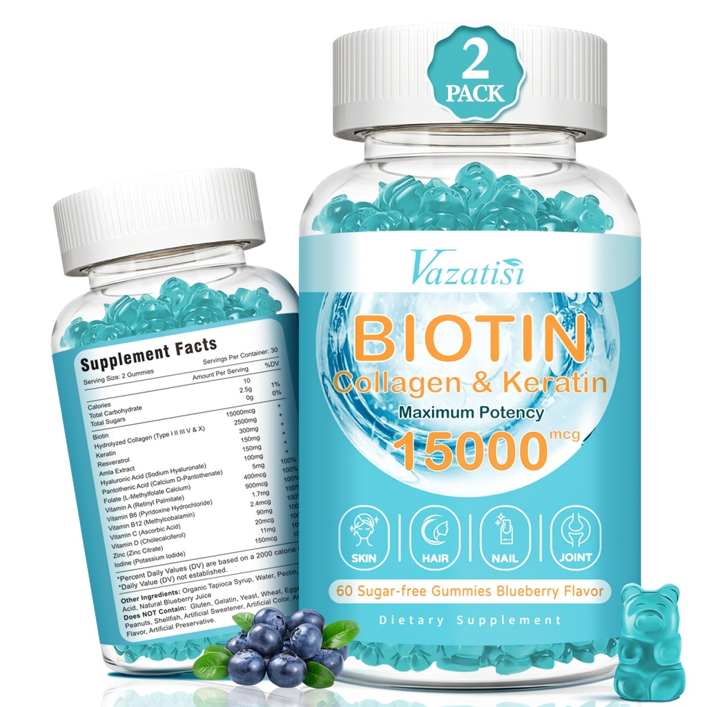 Biotin with Collagen Gummies, Hair Skin and Nails Vitamins Gummies for Hair Growth, Glowing Skin & Strong Nails - Blueberry Flavor, Sugar Free, 120 Count