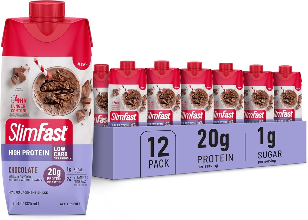 SlimFast protein Shake, Chocolate- 20g protein, Meal Change Shake içmeye hazır, Low Carb ve Low Sugar ile yüksek protein, 24 Vitamin ve Mineral, 12 (Pazar 1) (Pazar Mayıs Vary)