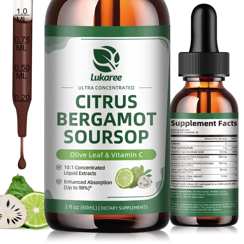 Citrus Bergamot Liquid Drops - Natural Supplement with Soursop, Red Yeast Rice, Olive, Olive Leaf, Black Pepper - High Abors - Support General Wellness* - Soursop Bitters, 2 Fl Oz Oz Oz Oz