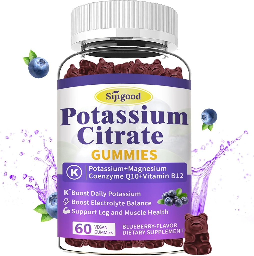 Potasyum Gummies - Kas Sağlığı için Potasyum Supplement, Leg Cramp Relief & Electrolyte Balance, Vegan, Non-GMO, Gluten-Free, Blueberry Flavor, 60 Count