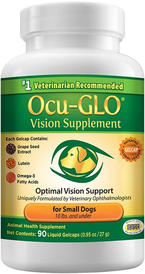 Ocu-GLO Όραμα συμπλήρωμα για τα μικρά σκυλιά - Lutein, Ωμέγα-3 λιπαρά οξέα, εκχύλισμα σταφυλιού - Υποστήριξη Βέλτιστη υγεία ματιών & όραση στα σκυλιά - Αντιοξειδωτικά για την οφθαλμική υγεία των κυνοειδών - 90ct SNIP CAPS