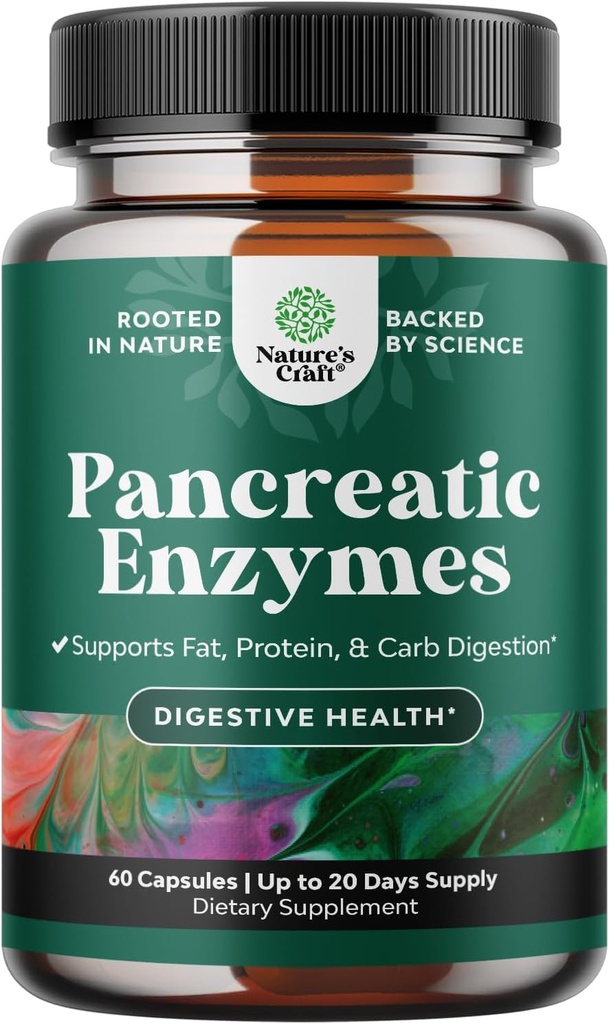 Pancreatin Digestive Enzymes Digestion for Gut Health - Pancreatic Digestive Enzymes for Women & Men with Protease, Lipase & Amylase - Bloating, Stomach Health, Fat, Carb & Protein - 60 Count