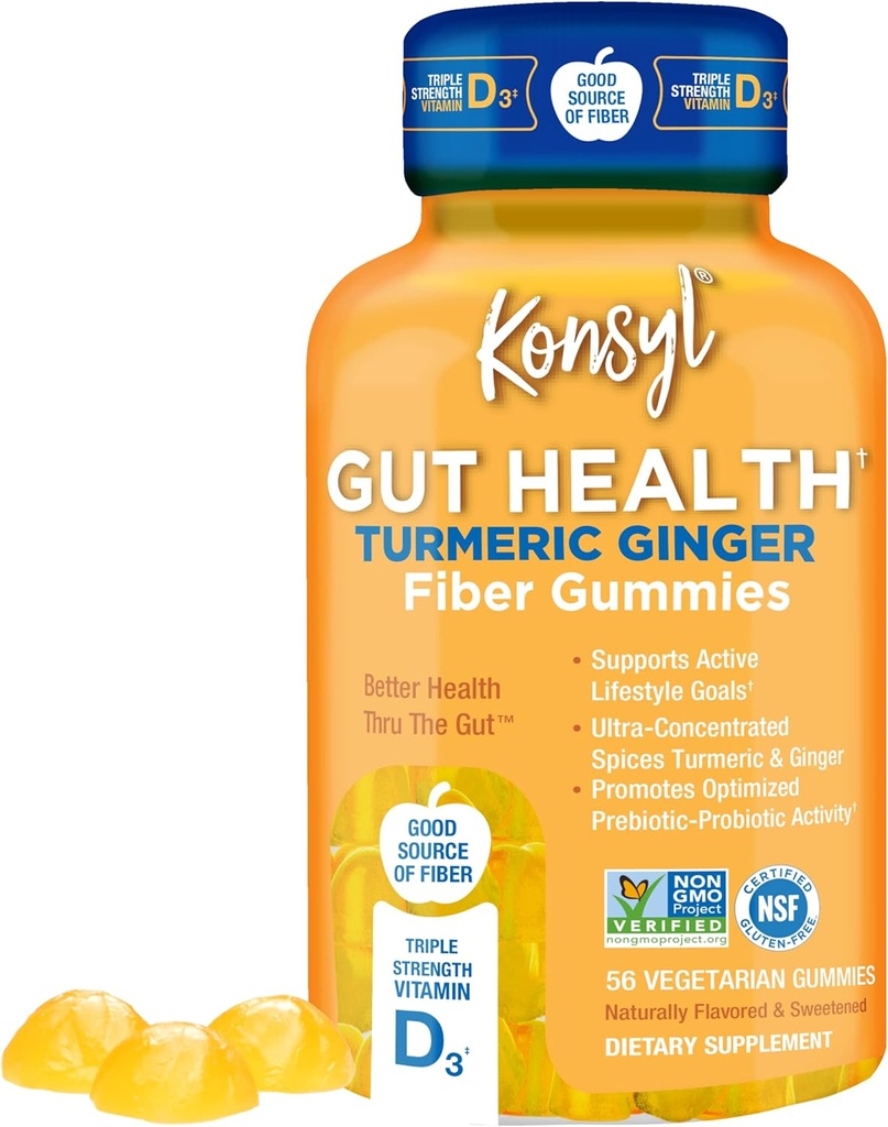 Konsyl Gut Health Turmeric Ginger Fiber Gummies - Digestive Health+ - Vejetaryen Fiber Supplement Gummies for Yetişkinler- Count 56