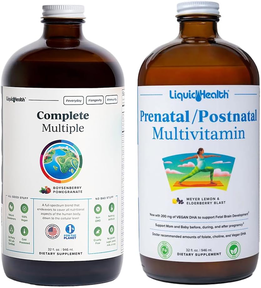 LIQUIDHEALTH Πλήρης πολλαπλή & προγεννητική / μεταγεννητική πολλαπλή υγρή βιταμίνη Bundle - Ενηλίκων καθημερινά πολυβιταμίνες για άνδρες και γυναίκες, ανοσοποιητική υποστήριξη, βιταμίνες εγκυμοσύνης για μαμά & μωρό - ΗΠΑ Made, Vegan
