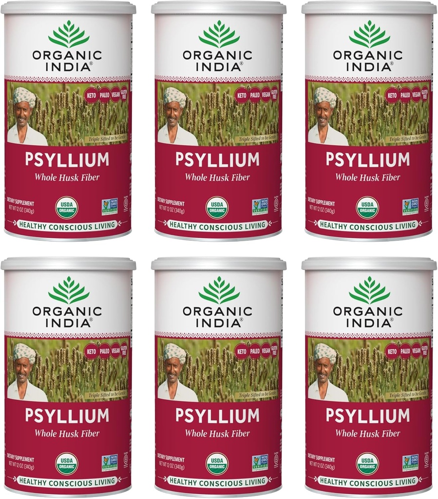 ORGANIC INDIA Whole Psyllium Husk Toz Organik - Psyllium Husk Fiber Supplement, Digestion Support, Vegan, Gluten-Free, Non-GMO, ► & In unknown Fiber Source - 12 oz Canister, 6 Pack