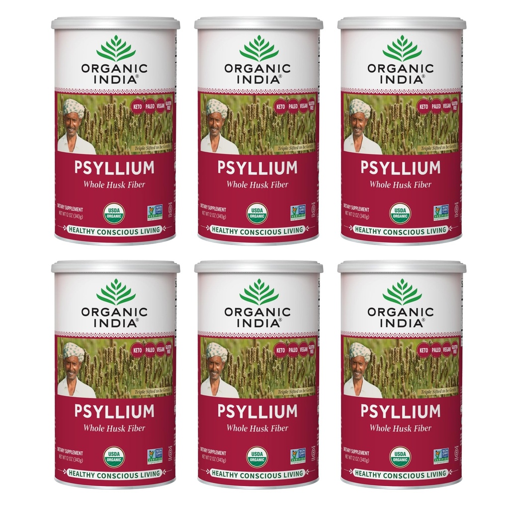 ORGANIC INDIA Whole Psyllium Husk Toz Organik - Psyllium Husk Fiber Supplement, Digestion Support, Vegan, Gluten-Free, Non-GMO, ► & In unknown Fiber Source - 12 oz Canister, 6 Pack