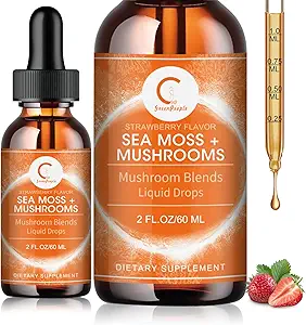 Sea Moss & Mushrooms Liquid Drops, Lions Mane Supplement with Irish Sea Moss & Cordyceps etc, Support for Memory, Focus & Clarify, Immune and Digestive Health, Non-GMO, Strawberry Flavor, 2 FL OZ