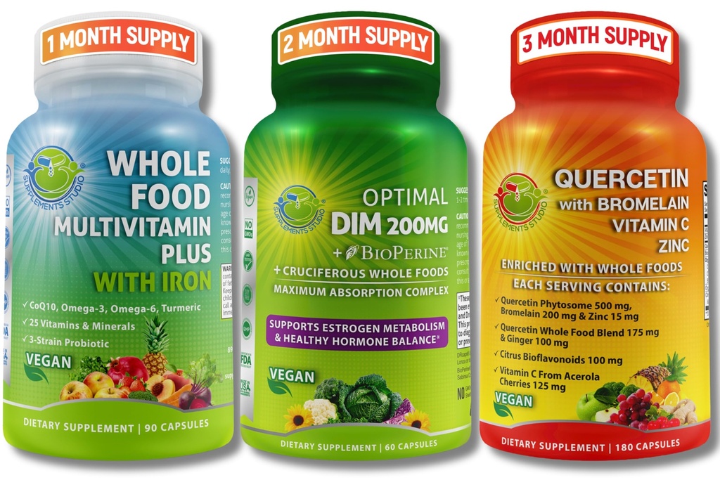Günlük Hormonal ve Immune Support Sche for Women & Men - DIM 200mg for Hormonal Balance + Quercetin 500 mg with Bromelain & Bora + Tüm Yiyecek Multivitamin with Iron – Vegan, Non-GMO Wellness Support