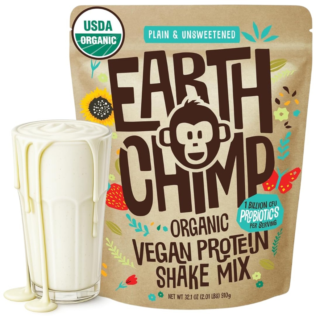 DünyaChimp Organik Vegan Protein Tozu - Probiyotikler ile - GMO, Süt Ücretsiz, Whey, Fabrika Kadınlar ve Erkekler için Temel Protein Tozu, Gluten Free - 26 Hizmet 32 Oz (Plain & Unsweeten)