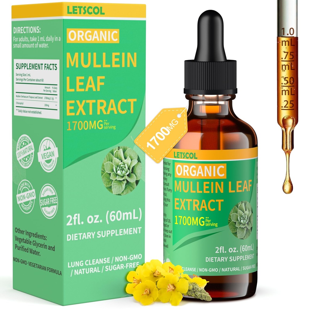 Lung Cleanse için Organik Mullein Drops, Immune & Respiratory Desteği için Güçlü 1700 mg Mullein Leaf Ekstraksiyon, Doğal Mullein Supplement Tincture Drops Non-GMO & Vegan, 2 Fl Oz Oz