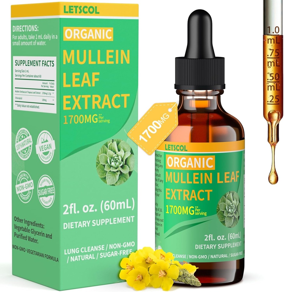 Organic Mullein Drops for Lung Cleanse, Ισχυρό 1700mg Mullein Leaf Extract για Ανοσοποιητική & Αναπνευστική Υποστήριξη, Φυσικό συμπλήρωμα Mullein Βαφής Drops Non-GMO & Vegan, 2 Fl Oz