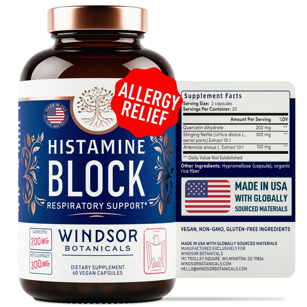 Allergies için Histamine Blocker - Quercetin, Sting Nettle Flavonoids Natural Antihistamin Tabletleri - Antihistaminler Yetişkinler için - 60 Histamine Block Capsules
