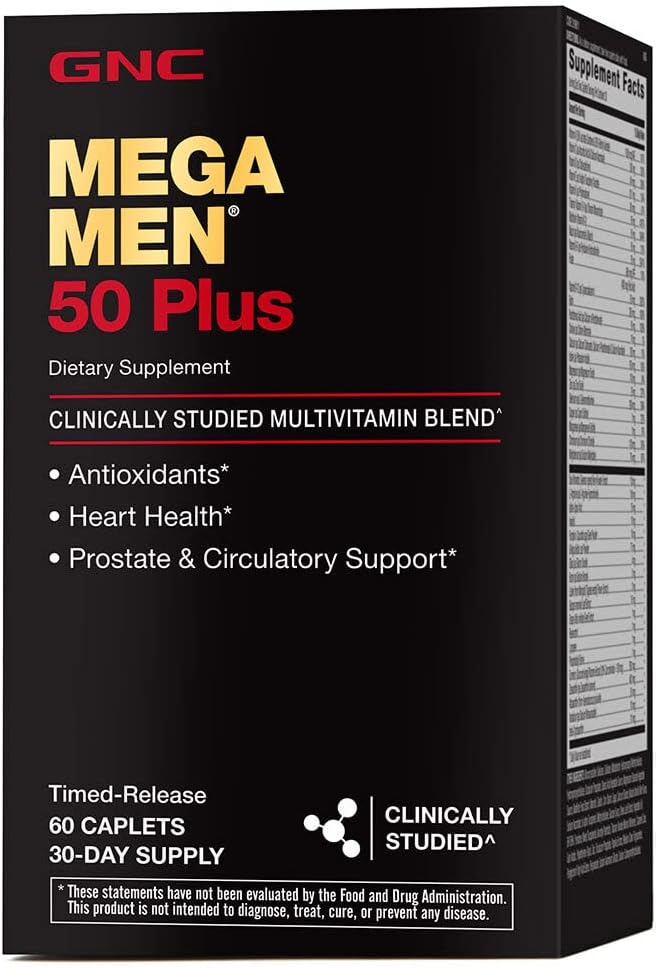 GNC Mega Men 50 Plus Multivitamin Caplets, Clinically Proven, Heart & Prostate Health, Β Βιταμίνες, Saw Palmetto, Μνήμη, Βιταμίνη D-3, 60 μετρούν