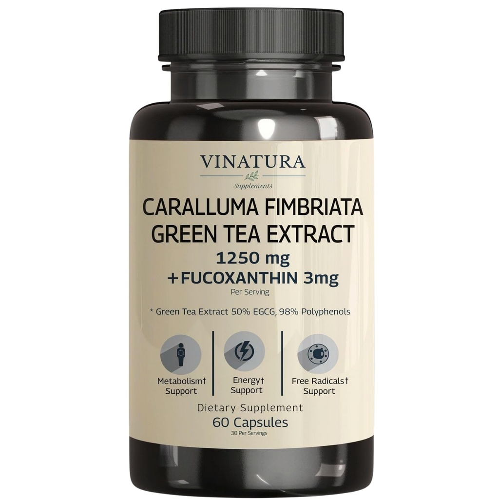 VINATURA Caralluma Fimbriata, EGCG 45% Ekstraksiyon 1250 mg + Fucoxanthin 3mg hizmet başına *USA Made & Tested* for Immune Support, Energy and mental Focus - 60 Capsules 30 Servisler