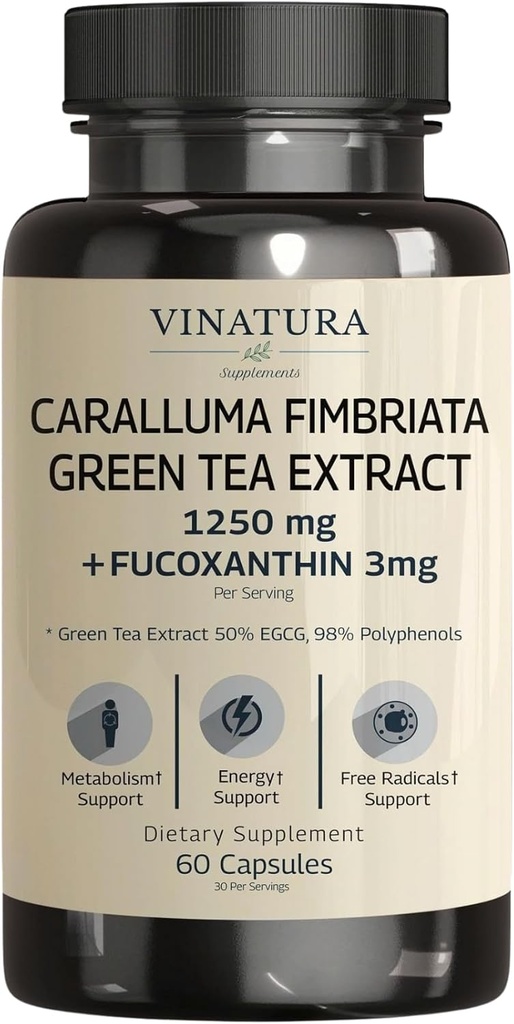 VINATURA Caralluma Fimbriata, EGCG 45% Extract 1250mg + Fucoxanthin 3mg ανά υπηρεσία *USA Made & Tested* για την υποστήριξη του ανοσοποιητικού, την ενέργεια και την ψυχική εστίαση - 60 κάψουλες 30 Υπηρεσίες