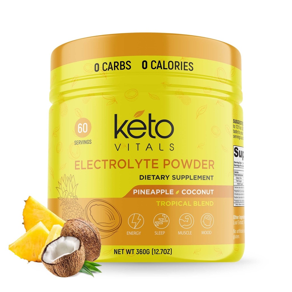 Keto Vitals Ηλεκτρολύτες Σκόνη - Χωρίς ζάχαρη Keto Ηλεκτρολύτες Σκόνη με Κάλιο, Μαγνήσιο, Νάτριο, & Ασβέστιο - Χωρίς Ζάχαρη Ηλεκτρολυτικό Ποτό Mix & Ενυδατική Σκόνη, 60 Σερβιέτες, Ανανάς Καρύδα