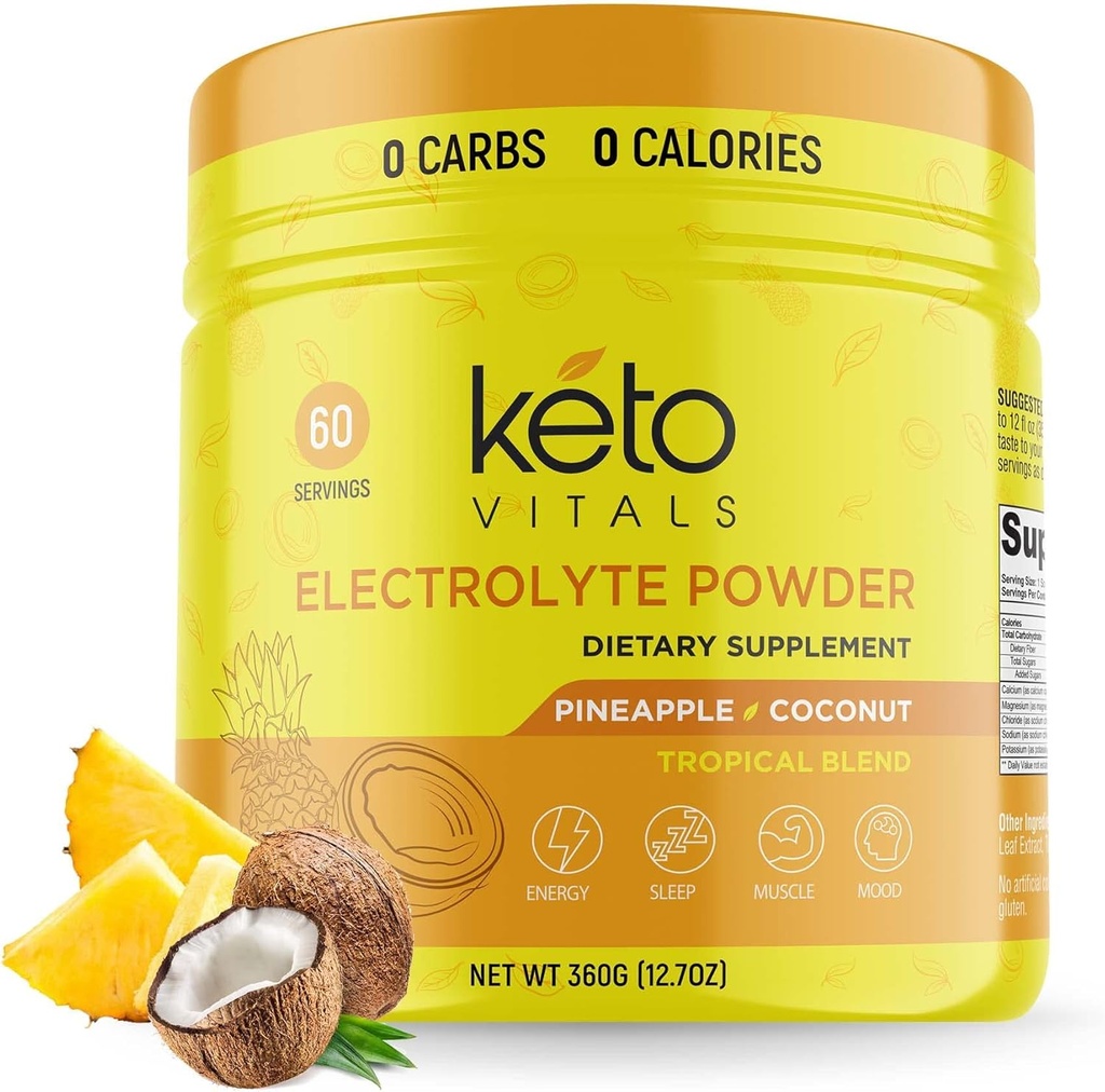 Keto Vitals Ηλεκτρολύτες Σκόνη - Χωρίς ζάχαρη Keto Ηλεκτρολύτες Σκόνη με Κάλιο, Μαγνήσιο, Νάτριο, & Ασβέστιο - Χωρίς Ζάχαρη Ηλεκτρολυτικό Ποτό Mix & Ενυδατική Σκόνη, 60 Σερβιέτες, Ανανάς Καρύδα