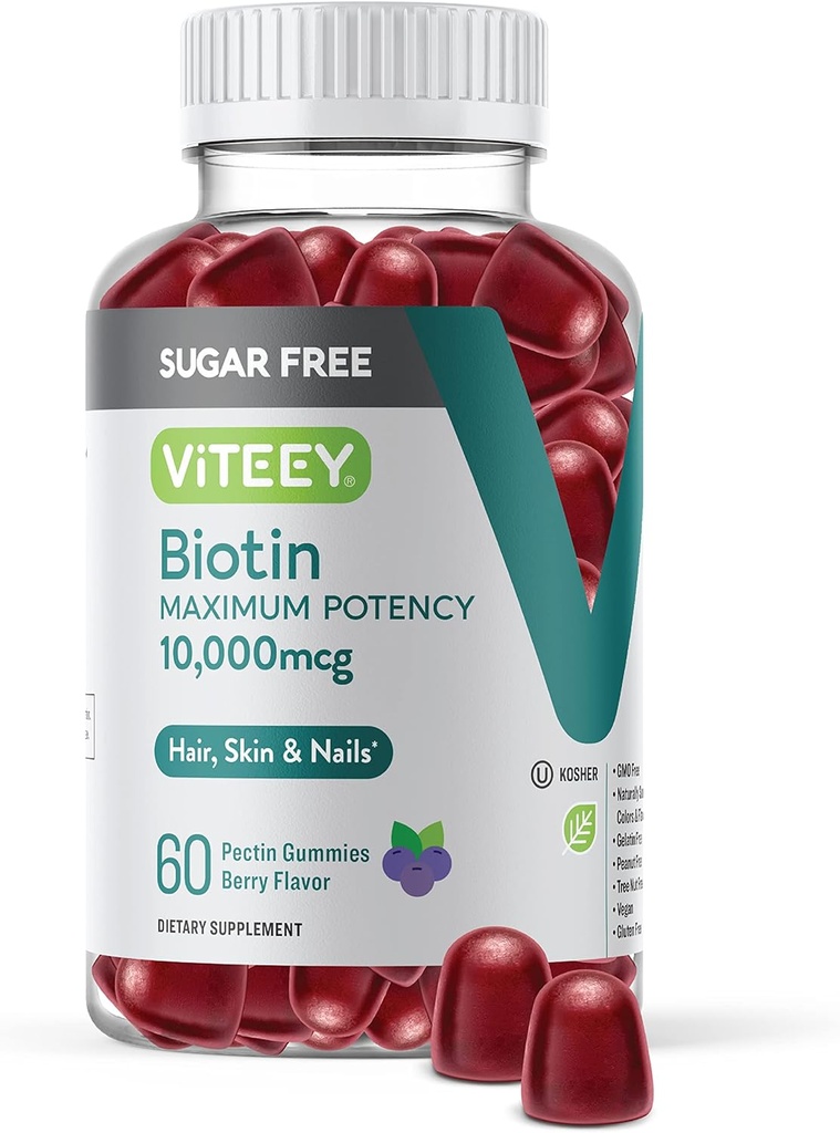 Viteey Biotin Gummies for Hair, Skin, and Nails 10,000mcg - Sugar Free - Hair Growth Gummies, Healthy Skin Glow, Strong Healthy Nail Growth - Vegan, Gluten Free, Gelatin Free- Tasty Berry Flavor