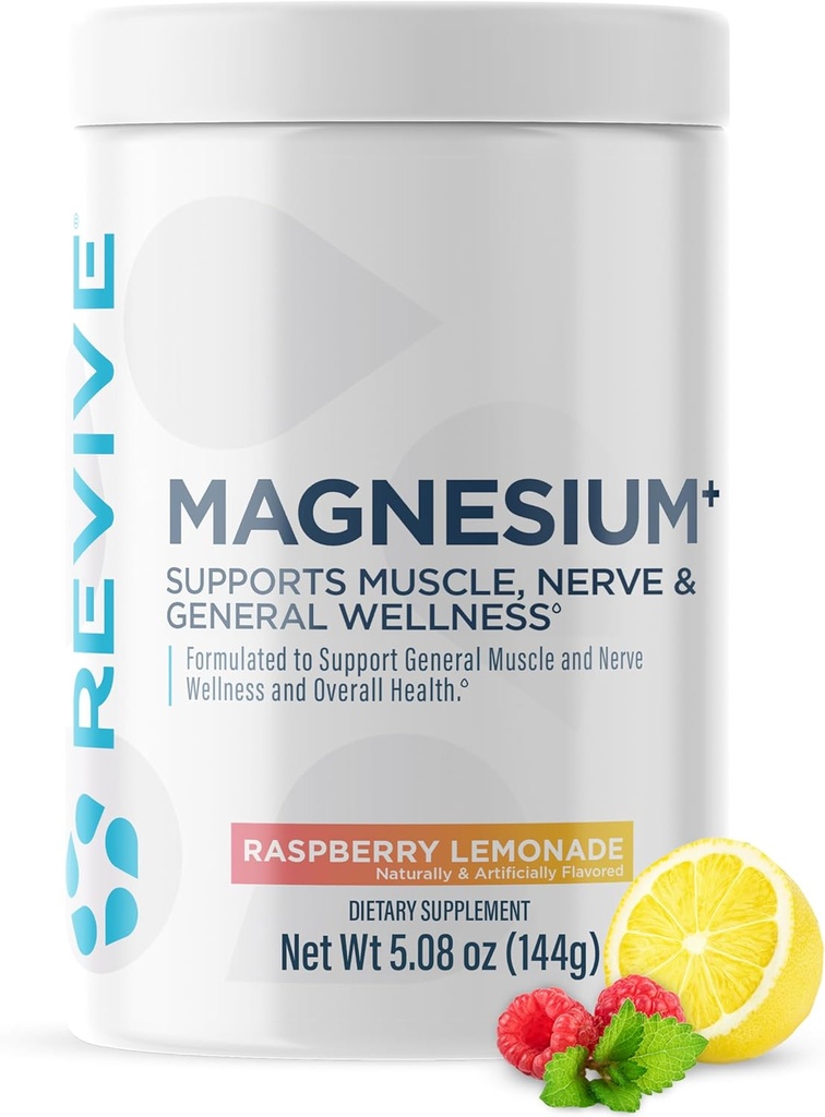 Revive MD Magnesium Powder Supplement - Μαγνήσιο Carbonate & Taurate Powder Drink Υποστηρίζει υγιή οστά, μύες, & νεύρα - Vegan-Friendly, Gluten-free & Soy-Free (Λεμονάδα Raspberry, 30 σέρβις)