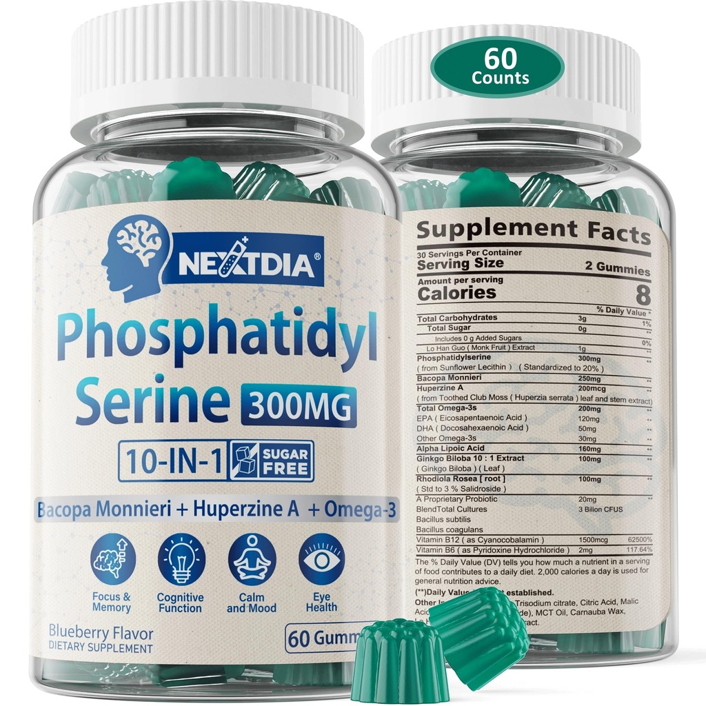 Phosphatidylserine - Nootropic Brian Supplement, Focus & Energy Gummies + Bacopa Monnieri, Omega 3, Huperzine A, Methyl B12 & B6 for Seniors, Gamers, Workers, Non-GMO, Caffeine-Free, Sugar Free,60 Cts