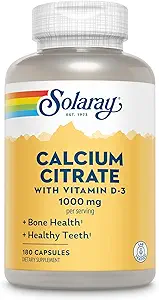 Solaray Calcium Citrate with Vitamin D3 1000mg - Δύναμη των οστών και Υγιεινή Υποστήριξη Δόντια - Gentle Digestion Formula - Lab Επαληθευμένο, 60-Day Εγγύηση - 30 Μερίδες, 180 κάψουλες