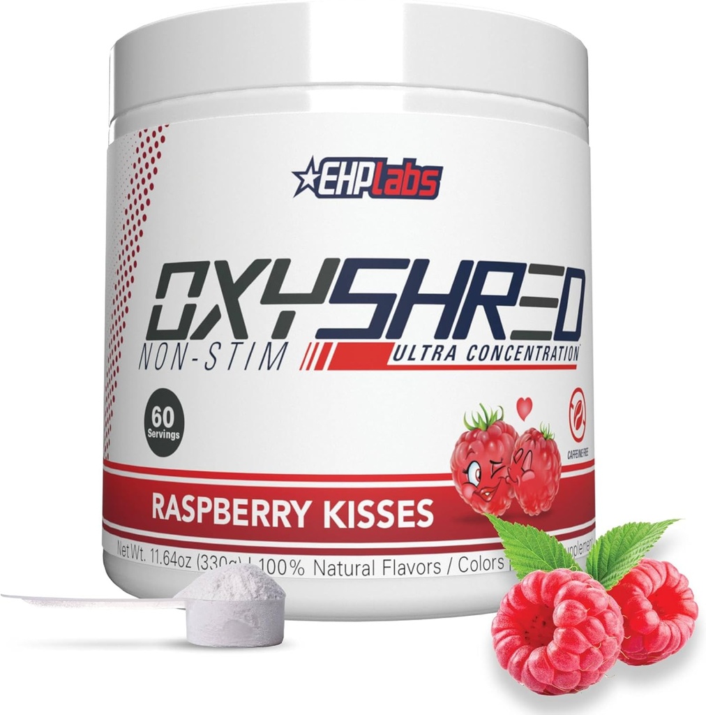 EHP Laboratuvarları OxyShred Non Stimulant Pre Workout Toz - Stim Free, Caffeine Free Preworkout for Men & Women - Non Stim Preworkout - Sugar Free Energy Toz - Raspberry, 60 Servisler