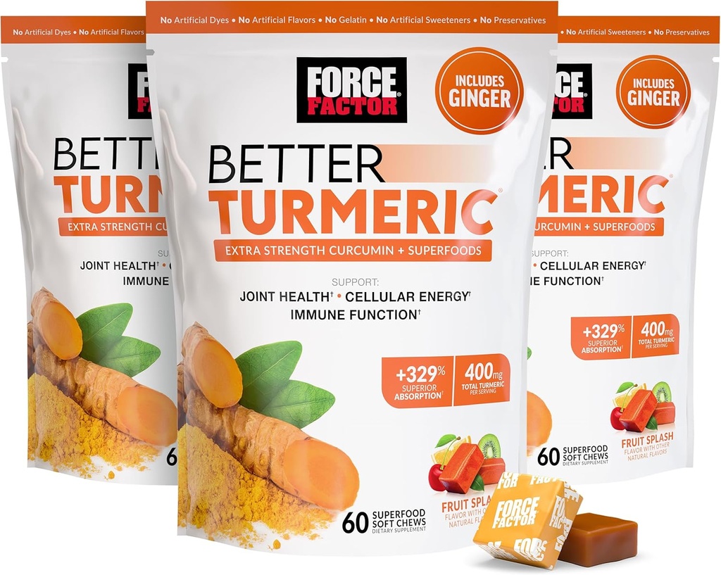 Kuvvet Faktörü Ekstra Güçlü Ortak Sağlık için Daha İyi Turmeric Ortak Destek Supplement, The HydroCurc Turmeric Curcumin with Black Pepper for Superior Abors, Fruit Outlet, 180 Soft Chews