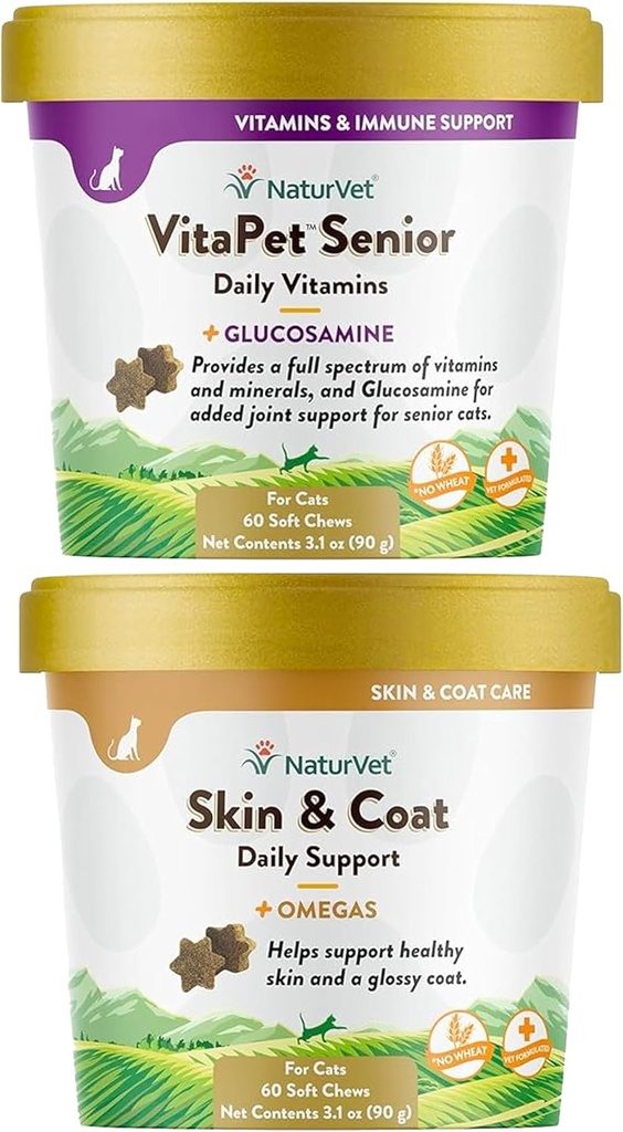 NaturVet – Kediler için Skin & Coat Plus Omegas – 60 Soft Chews | Sağlıklı Cilt & Parlak Öner | & VitaPet Kediler Için Günlük Vitaminler, Temel Mineraller Vermek için Formüle Edildi, 90 g, 60 Count