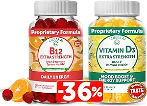 Lunakai Βιταμίνη D3 και Βιταμίνη B12 Gummies Bundle - Ανοσία, Οστών και Mood Υποστήριξη VIT D3 2000IU συμπλήρωμα - 3000mcg Μεθυλοκοβαλαμίνη Υψηλή Απορρόφηση Ενέργεια Gummy