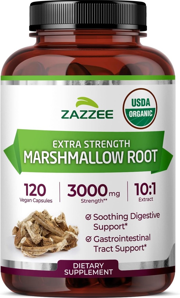 Zazzee USDA Organik Marshmallow Kök 10:1 Ekstraksiyon, 3000 mg Güçlü, 120 Vegan Capsules, 4 Ay Supply, Standardized, Interd 10X Extract, 100% Vegetarian, All- Natural, Non-GMO, Made in the USA