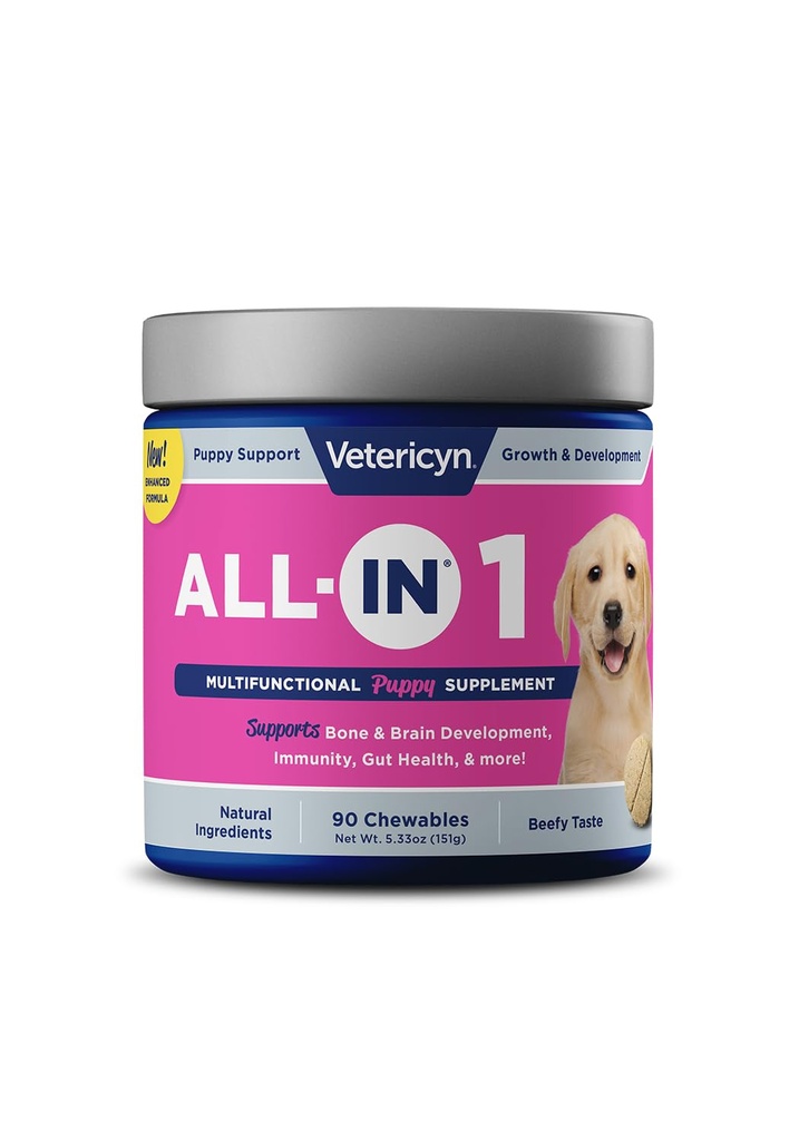 Vetericyn All-in 1 Multi Function Puppy Supplement | Digestive Enzymes + Antioksit + Vitaminler, Mineraller, Prebiyotikler, Probiyotikler ve Omegas için destek. 90 Kont