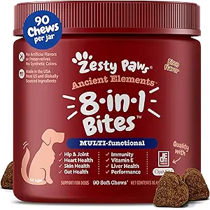 Zesty Paws Dog Multivitamin, Hip & Commons, Skin & Coat, Omega 3 Fish Oil for Dogs- Senior & Puppy Multivitamin - Bison- 90ct