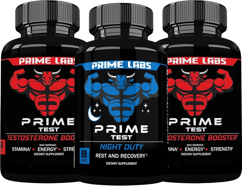 Prime Labs Prime Test Test Testosterone Booster (60 Count, 2-Pack) + Night Duty Sleep Supplement (60 Count)