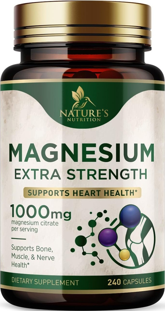 Magnezyum Mineral Supplement 1000 mg - Yüksek Potency Citrate for Bone, Heart Health, Nerves & Muscle Support, Nature's Magnezyum Kompleksi, ABD'de Şişelenmiş - 240 Capsules