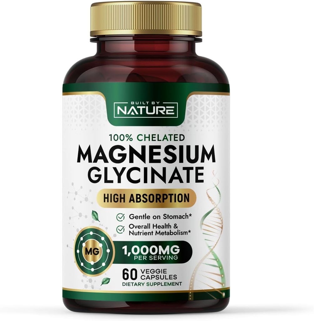 Nature Magnezyum Glycinate 1000 mg - Yüksek Abhidrasyon Tamamı - 100 Chelated, Stomach - Kas, Heart, Bone & Relaxation Support - Non-GMO, Vegan - 60 Capsules
