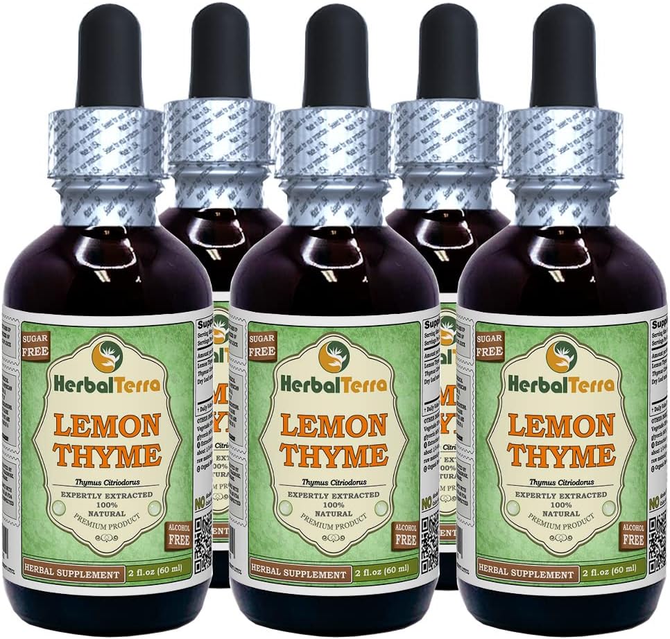 Lemon Thyme (Thymus x Citriodorus) Glycerite, Organic Dried Herb Alcohol-Free Liquid Extract (Brand Name: HerbalTerra, Proudly Made in USA) 5x2 fl.oz (5x60 ml)